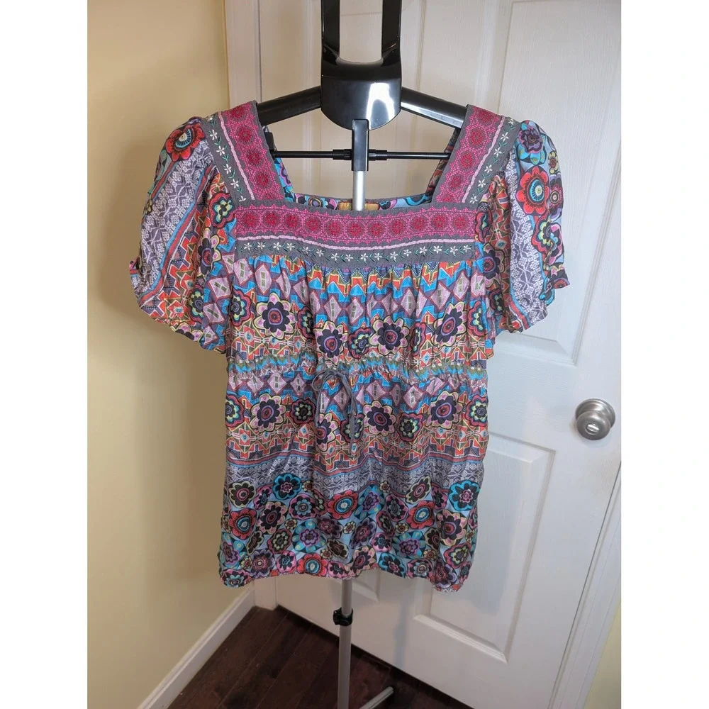 Johnny Was Silk‎ Blouse Boho Embroidered Peasant Short Sleeve - Size XS